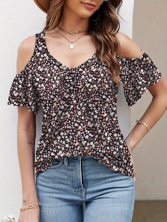 [Casual Cold Shoulder Tops] Casual Cold Shoulder Tops for Women | Short Sleeve V Neck Tunic Shirts