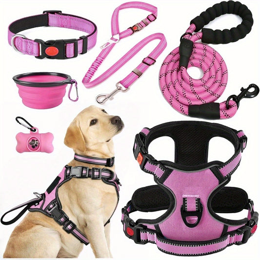 [Dog Outdoor Equipment Set] 6pcs Dog Outdoor Equipment Set With Harness Collar Leash Seat Belt Traction Rope Collapsible Bowls Poop Bag Dispenser Ideal Training Walking Hiking Fits Suitable For All Types Dogs (Pink-L)
