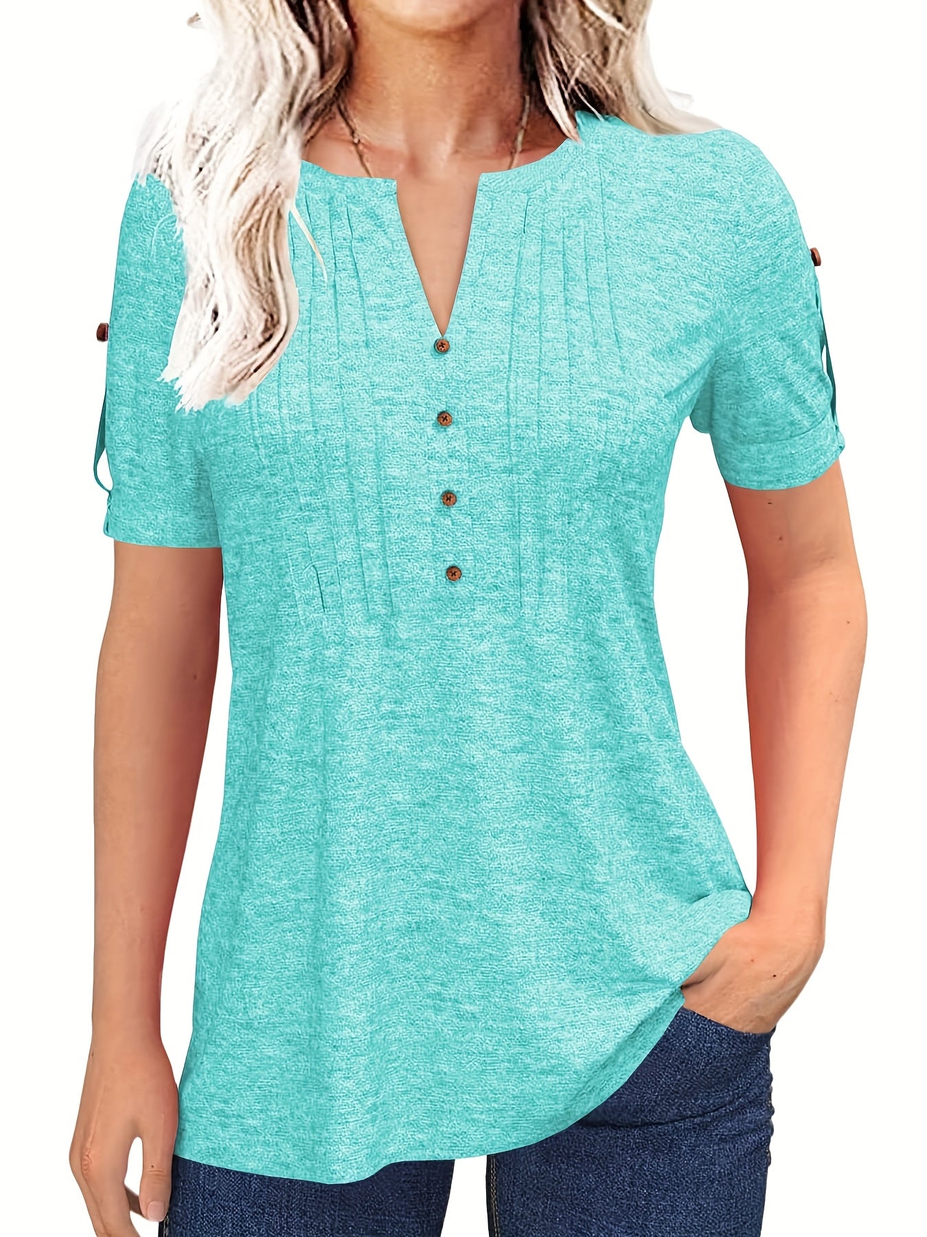 Women'S Zipper Summer Pleated Button Short Sleeve T-Shirt Summer V-Neck Solid Color Casual Top