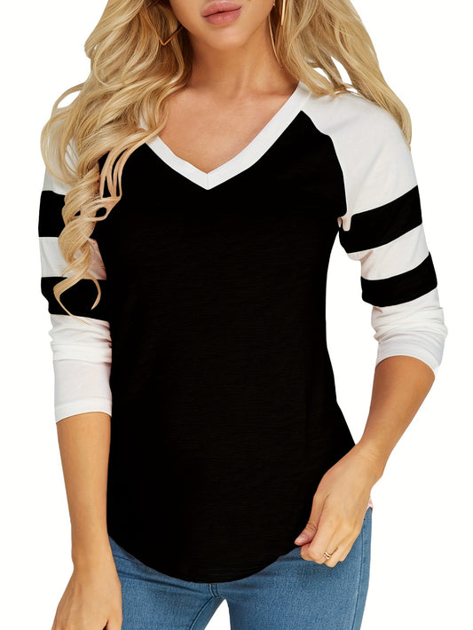 Women's Slim Fit Summer V-Neck Long Sleeve T-Shirt - Contrast Color Block Blouse (/Dark) | Casual Top | Machine Washable All-Season Versatile Wardrobe Staple)
