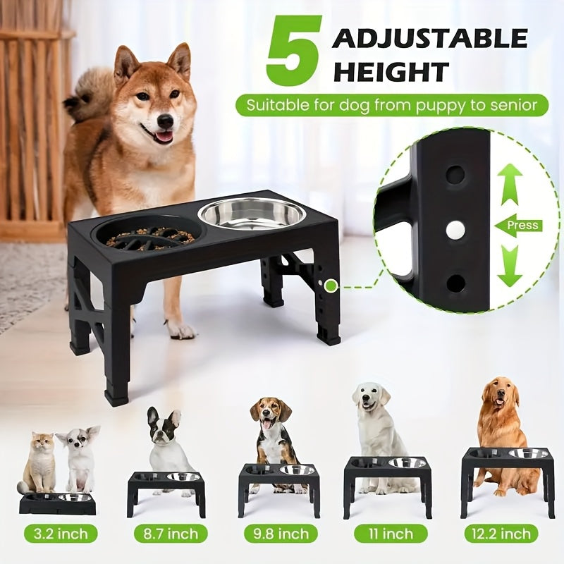 5 Height Adjustable Raised Dog Bowls, Collapsible Raised Dog Bowl Stand with Slow Food Bowl And Stainless Steel Dog Food Bowl for Small, Medium, And Large Dogs And Cats