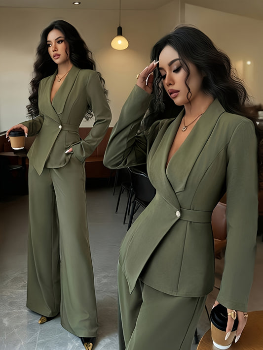 A Stylish Two-Piece Outfit Featuring a Women'S Sophisticated Collar V-Neck Long-Sleeve Jacket with a Unique Design And a Belt-Style Waistband, Paired with Straight-Leg Wide Trousers, Ideal for Autumn And Office Settings, Perf