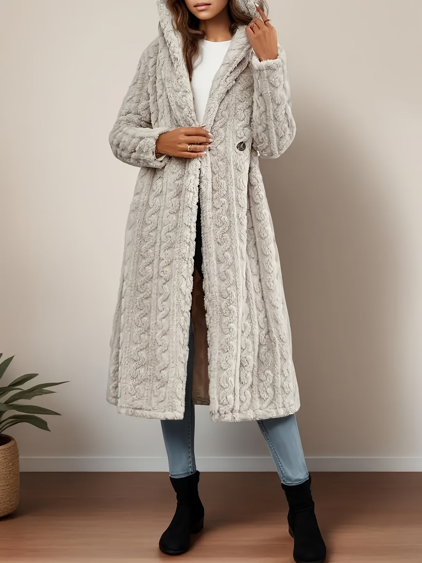 FME Hooded Cable LonglineOvercoat For Winter Warmth And SophisticationTexture Premium