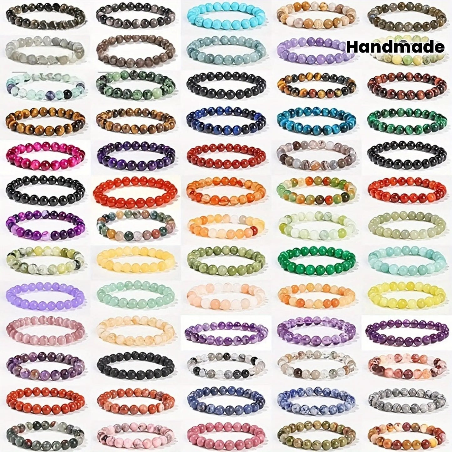 49pcs Handmade Stone Bead Bracelet- Multiple Colors Available, 8mm Elastic Beaded, Exquisite Style Valentine's Day Suitable