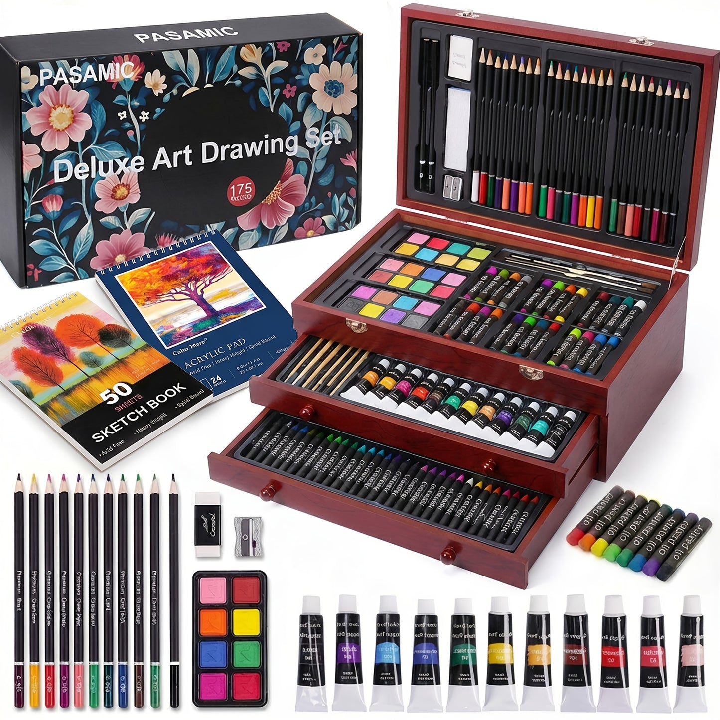 PASAMIC Deluxe Art Set With Drawing Pads Pencils Crayons Paints