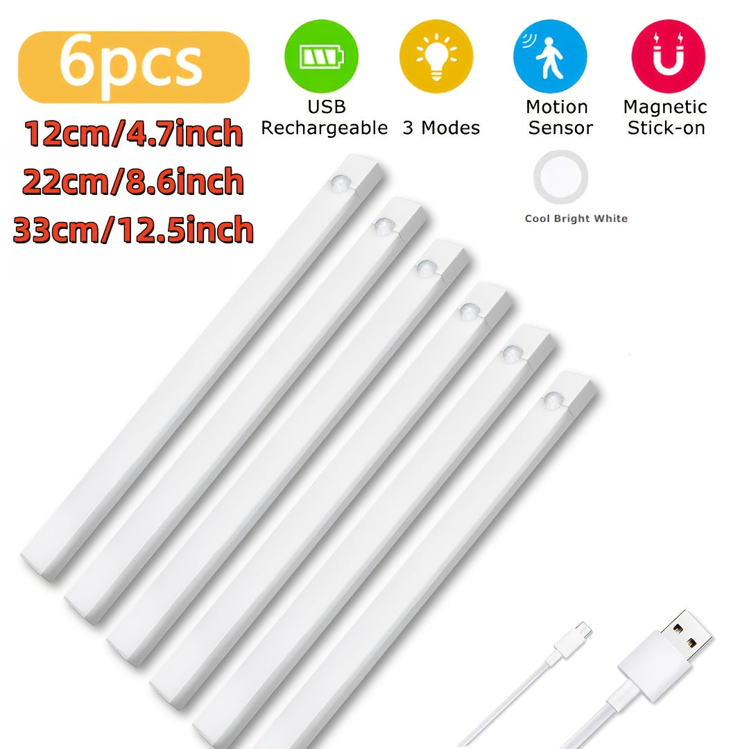 12pcs LED Motion Sensor - Dimmable Cabinet Light, USB Charging Cabinet Bottom Light, 3 Adjustable Modes, Night Light, Suitable for Bedrooms, Stairs, Kitchen Office Supplies, Bedside Reading Light