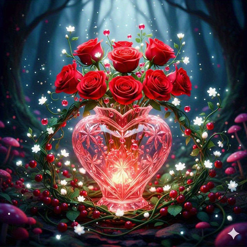 5D Diamond Painting Kit with Glowing Heart-Shaped Diamonds - Magical Forest Night Scene with Glowing Roses & Heart Centerpiece, Round Diamond Mosaic Wall Art Craft with Pre-Cut Table - Frameless for home Decor, Complete Set f
