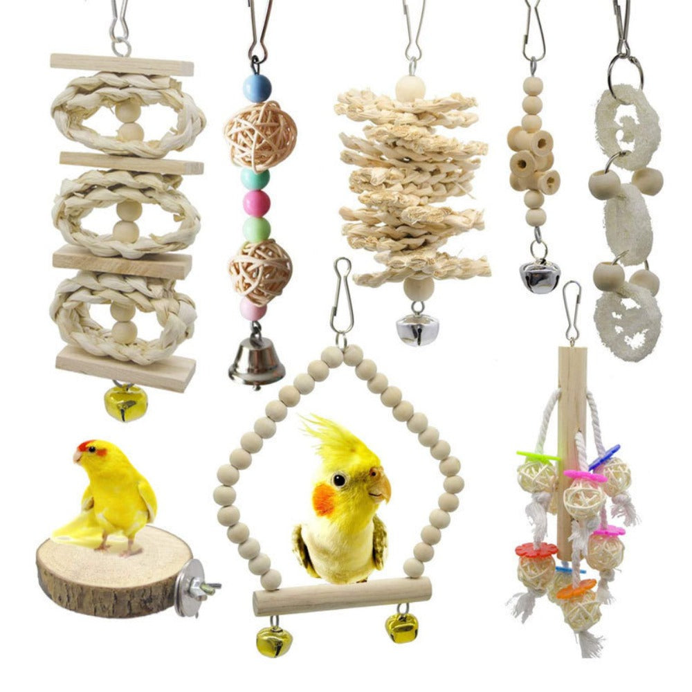 8pcs Wood Bird Toys with Swing, Bell & Chewable Parts - Interactive Bird Cage Suitable for Small Parrots and Birds - Promotes Exercise, Mental Stimulation & Beak