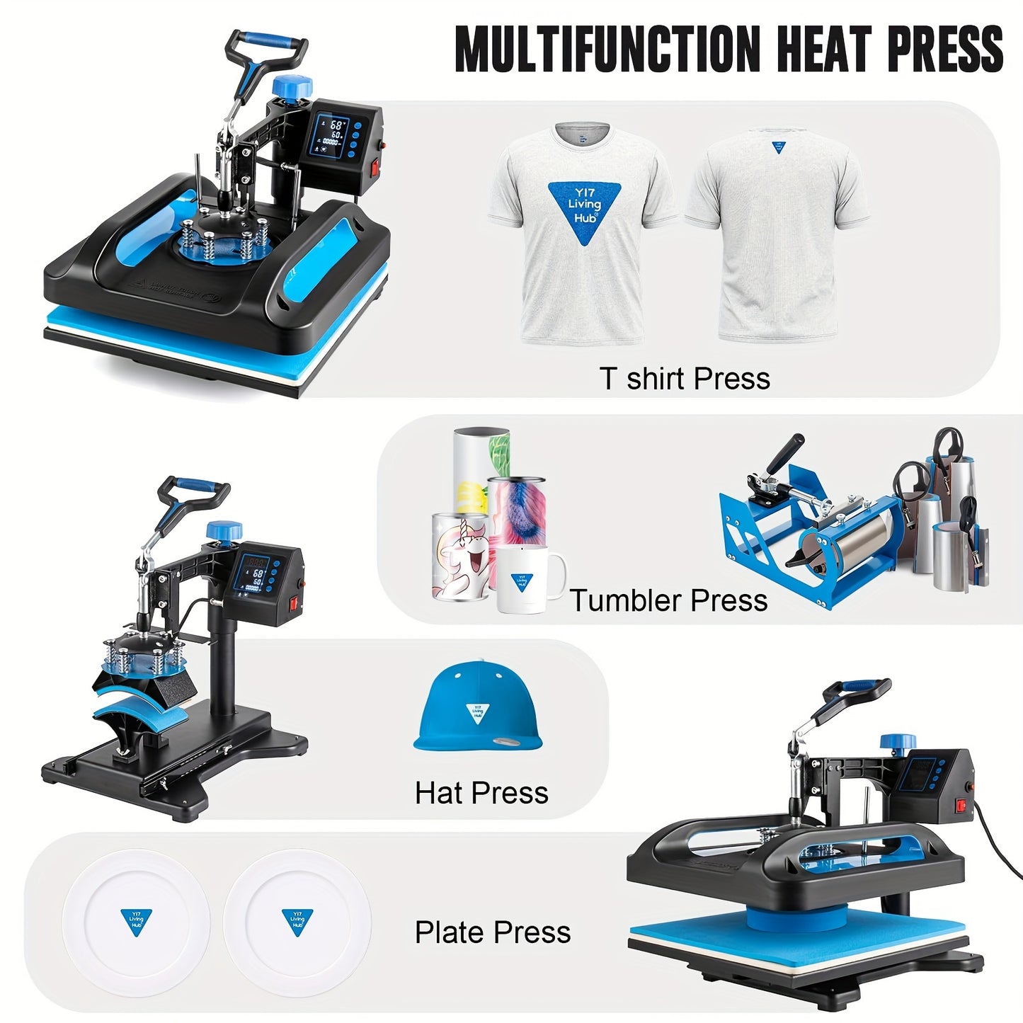 8 in 1 Heat Press Machine, 5 in 1 Heat Press, Sublimation T-Shirt Pressing Machines in Sizes 15X15 Inch, 12X15 Inch, And 12X10 Inch, Featuring a 360-Degree Swing Away Heat Transfer Machine, a Multifunctional Combo for T-Shirt