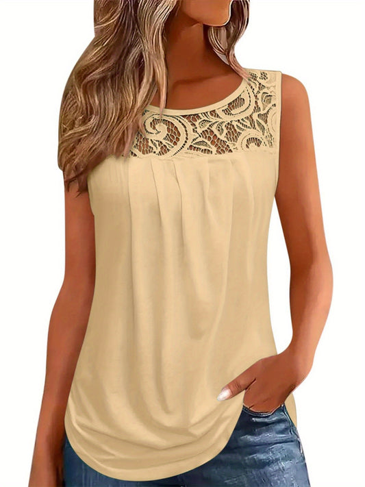 Women'S Fashion Solid Lace Shirt Female Round Neck Loose T-Shirt Blouse