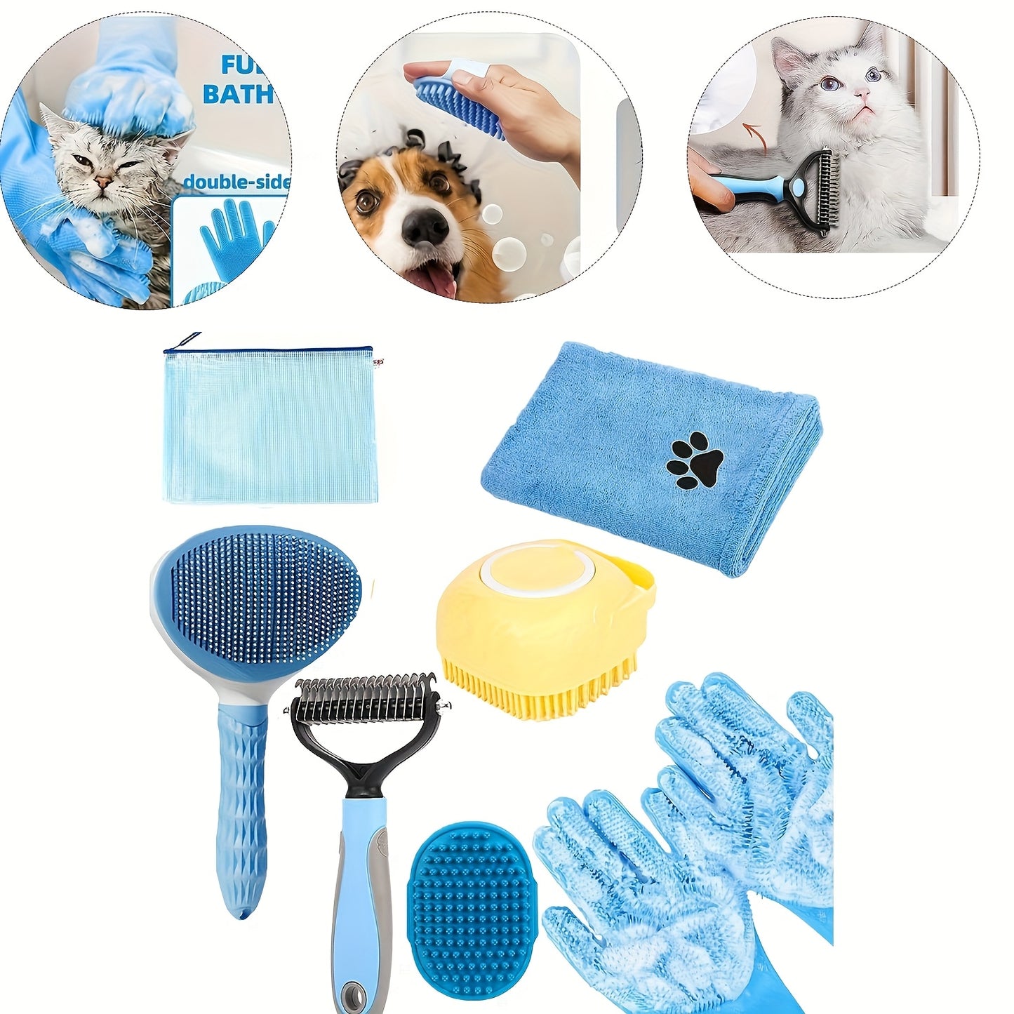 7pcs Dog Grooming Kit: Shedding Control Bath Brush, Double Sided Undercoat Rake, Towel Tool, & Washing Gloves For A Shiny Coat Ideal For Hair Control & Bathing Pets