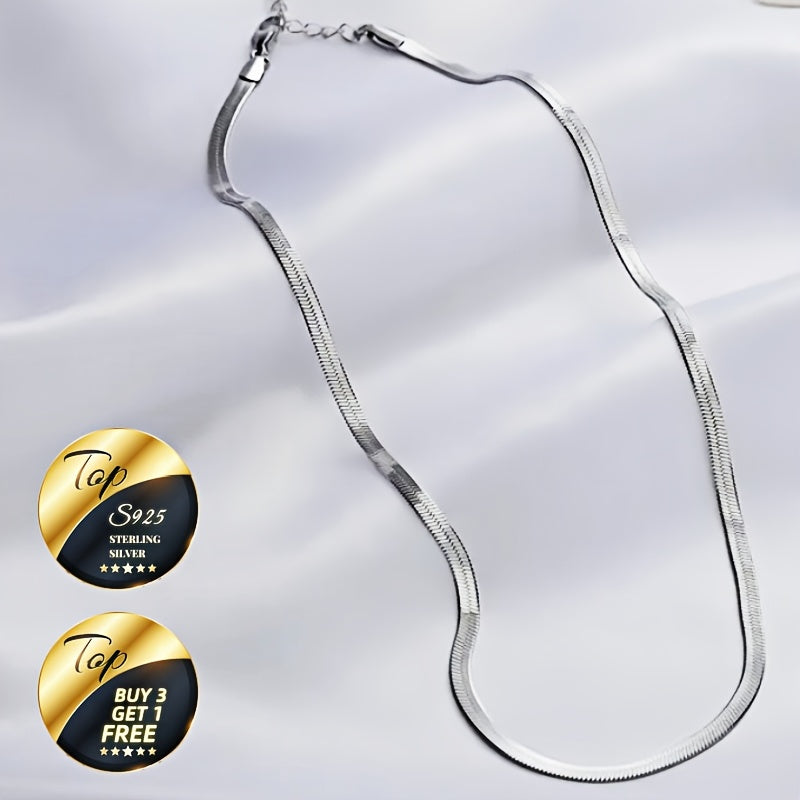 S925 Sterling Silvery Flat Snake Bone Chain Necklace, Sexy Clavicle Chain. Clean Fashionable Silvery Accessory. Ideal for Daily Wear And Parties And Holidays. Gift for Valentine's Day, Mother's Day, Anniversary,, Christmas, H