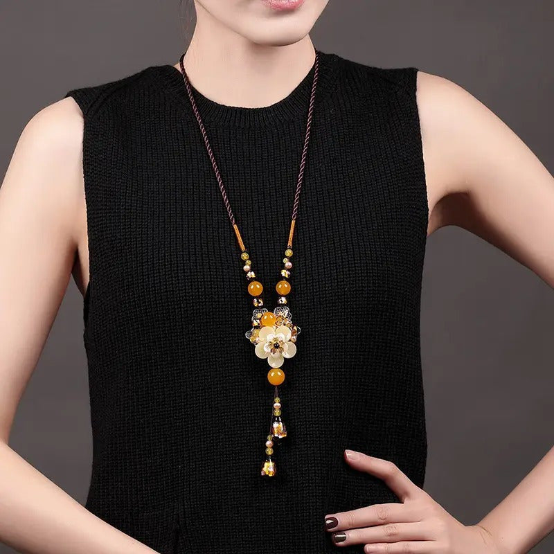 Women'S Retro Bohemian YShape Necklace Handmade Glass Flower and Agate Bead Pendant MultiStrand Long Chain Jewelry for Daily Wear Christmas and Valentine'S Gift YearRound Elegant Accessories Intricate Beadwork