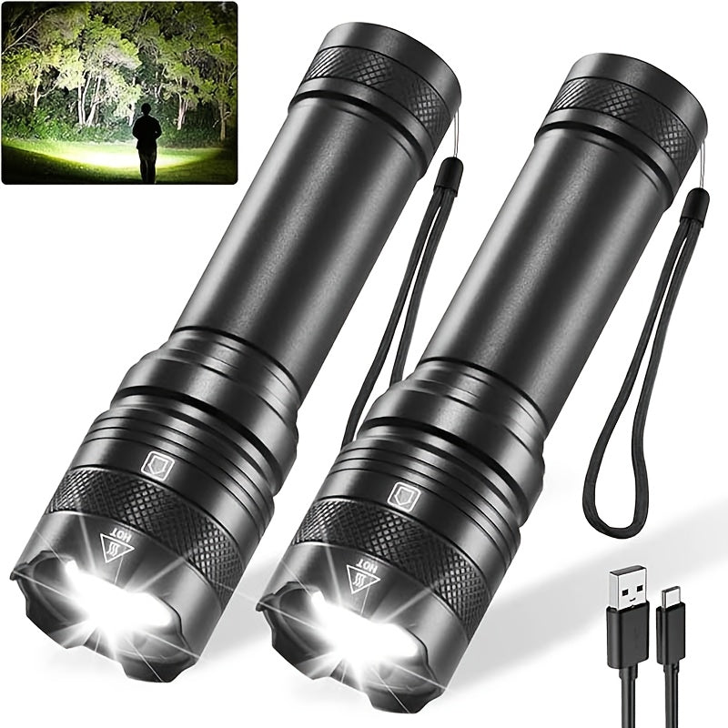 YOOMUE 2 Pack High Lumen Aluminum Flashlights With Zoomable Beam And Rechargeable 1200mAh Batteries