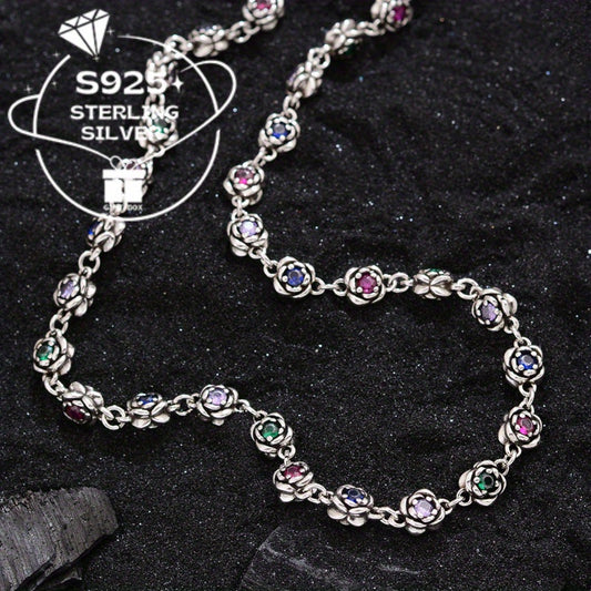 Stylish S925 Silver Rose Pendant Necklace Featuring Rainbow Zirconia - Vintage Distressed Craftsmanship, Floral Motif for Women, Ideal for Everyday Wear Or Gifting, Chic Necklace