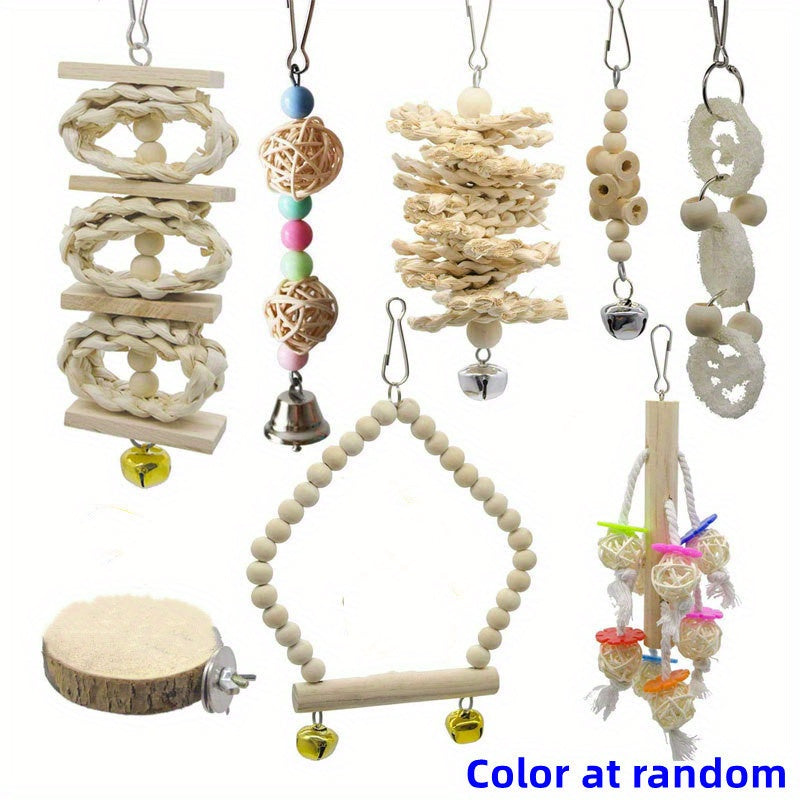8pcs Wood Bird Toys with Swing, Bell & Chewable Parts - Interactive Bird Cage Suitable for Small Parrots and Birds - Promotes Exercise, Mental Stimulation & Beak