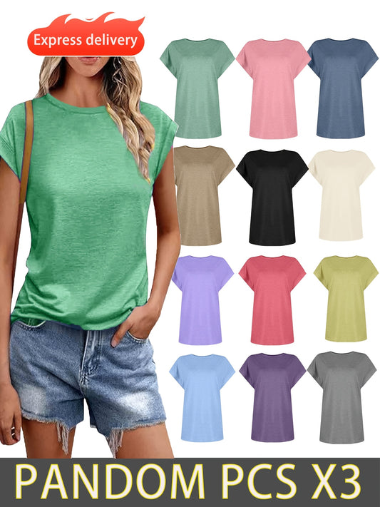 (12 Mixed-color Women'S T-shirts Available, 3 Colors Randomly Sent), Round Neck, Bat Sleeves, Breathable, Loose, Smooth Texture, Various Colors Randomly Selected, Suitable For Fitness, Outdoor, And Casual Wear In All Seasons.