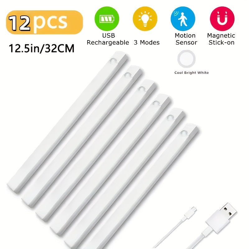 12pcs LED Motion Sensor - Dimmable Cabinet Light, USB Charging Cabinet Bottom Light, 3 Adjustable Modes, Night Light, Suitable for Bedrooms, Stairs, Kitchen Office Supplies, Bedside Reading Light