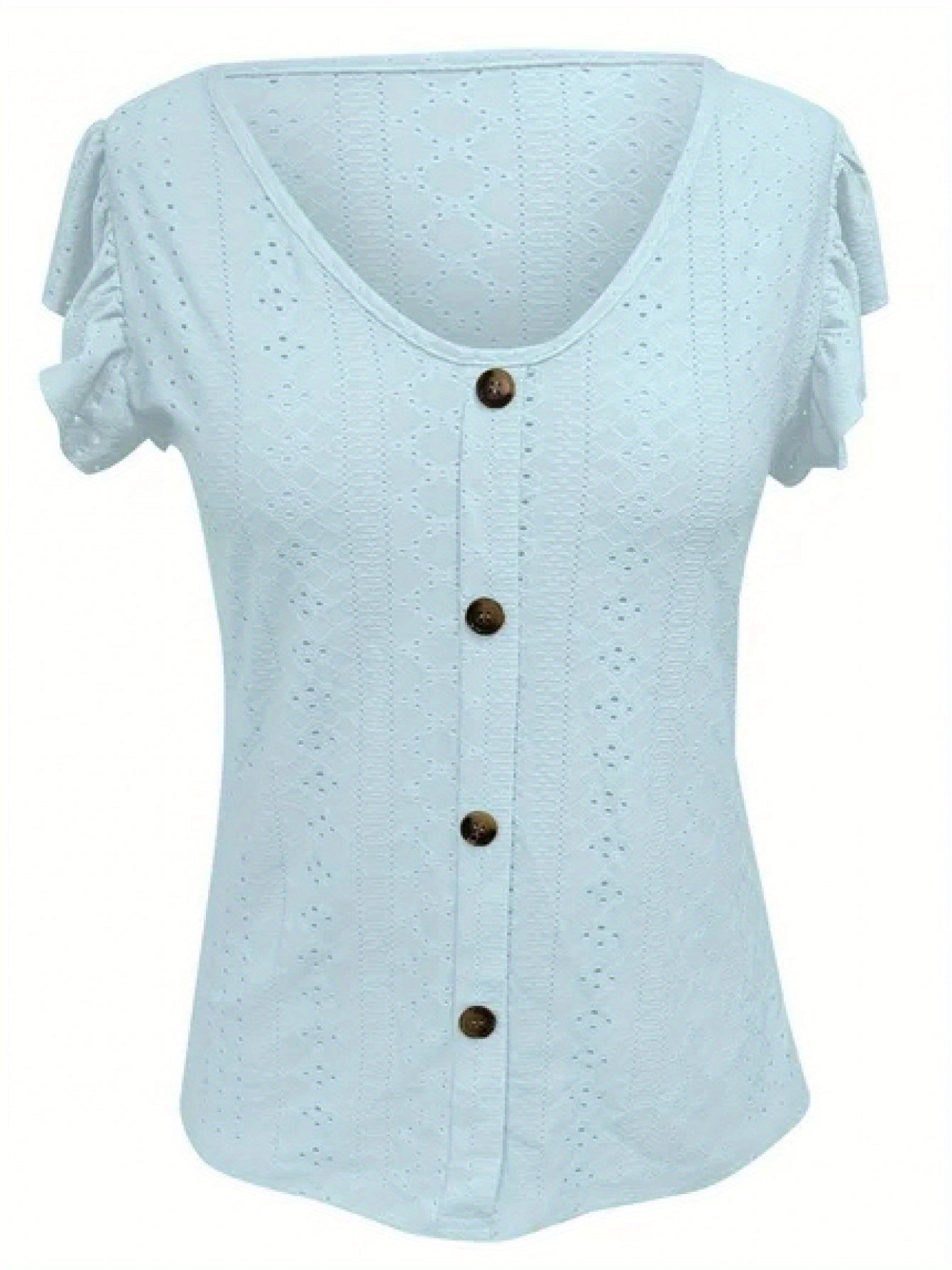 [Elegant Ruffled Top] Elegant Women's V-Neck Ruffled Short Sleeve Top | Eyelet Embroidered Jacquard T-Shirt with Decorative Buttons, Casual Spring & Summer Clothing