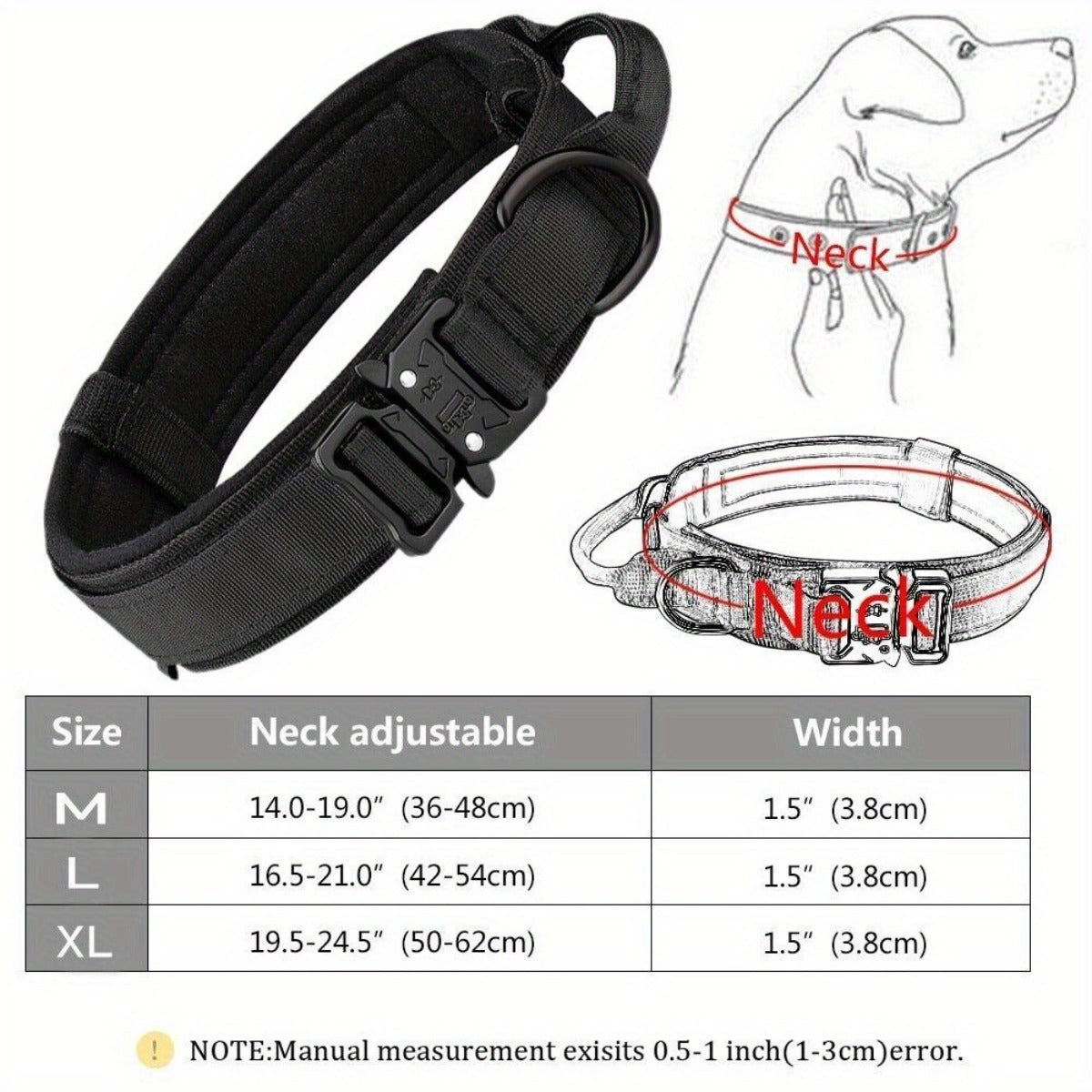 2pcs Heavy Duty Tactical Dog Collar with Handle & Metal Buckle - 1.5" Wide Nylon -Grade Obedience Training Collar for Large/Medium Dogs (German Shepherd,, Labrador) - Adjustable, Padded, Outdoor, Camping, Hunting Gear
