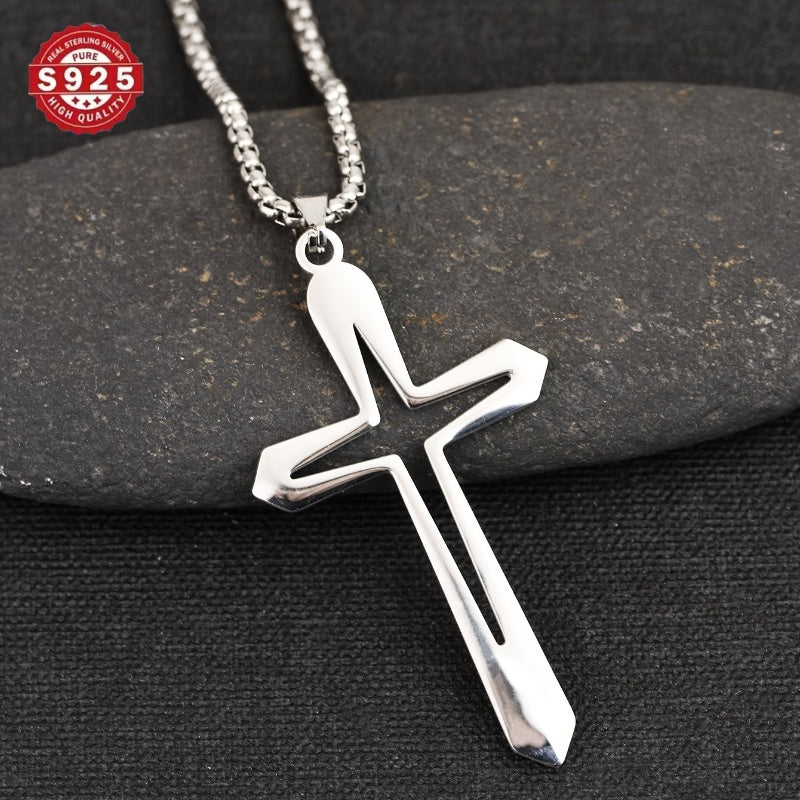 925 Silver Women's Cross Pendant Necklace - Modern Christian Religious Jewelry, Anti Allergic and Water-resistant, Elegant Gift Box Packaging, Suitable for Casual Wear and Hip-hop Style, Polished Jewelry