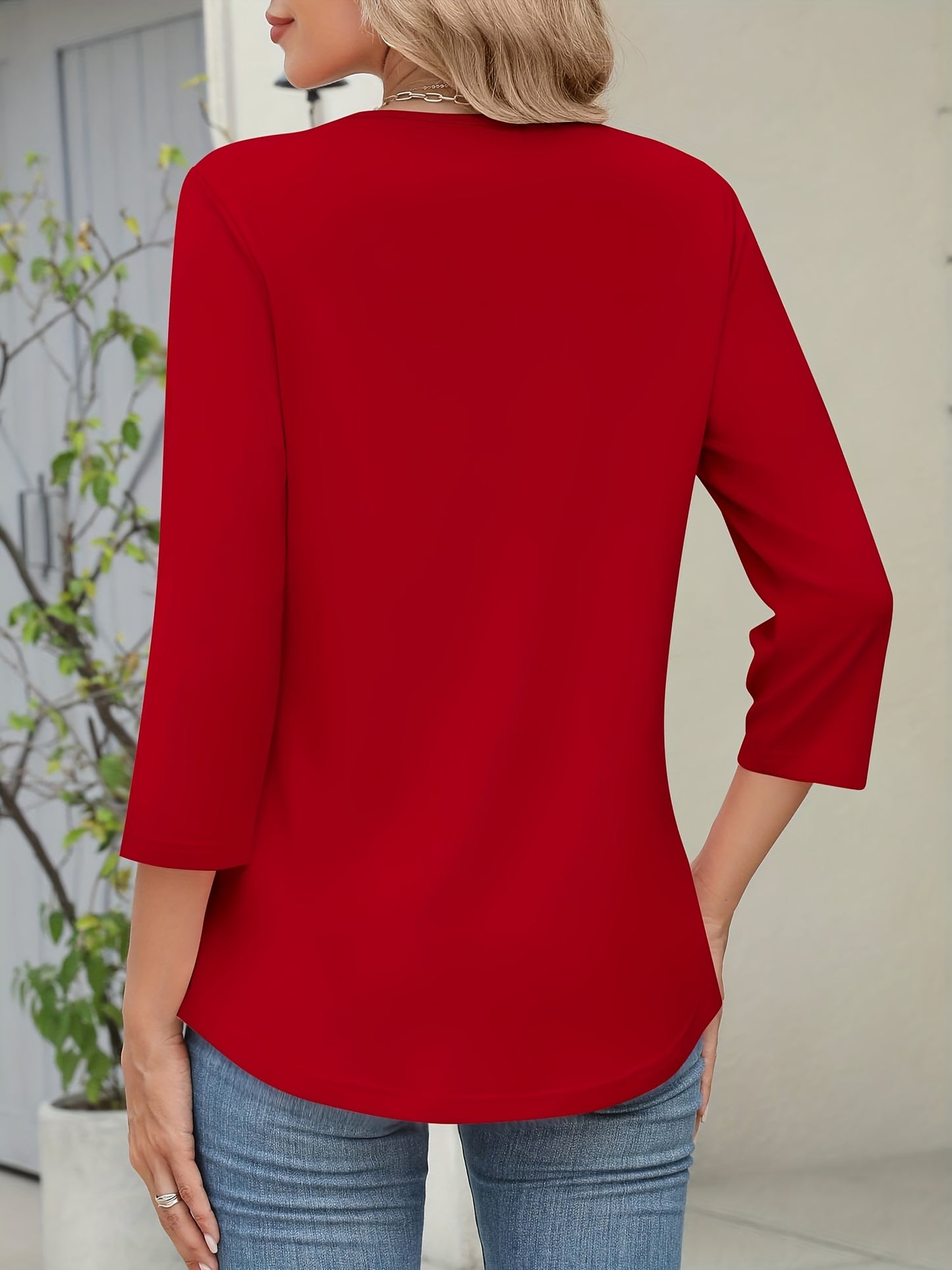 [Solid Color Crossover Shirt] Casual & Office Solid Color Women's 3/4 Sleeve V-Neck Crossover Shirt - Fall Top