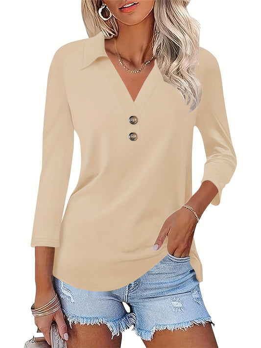 Floral Womens 3/4 Sleeve V Neck T Shirt Collared Button Shirts