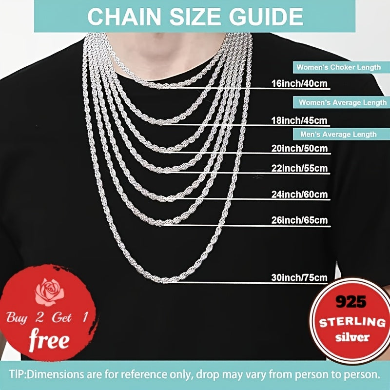 Italian Pure Handmade, 3mm 925 Sterling Silvery Twist Woven Necklace, Suitable For Holidays, Parties, Music Festivals, Give Him/her Birthday, Valentine'S Day The Best Gift, Gift Box Packaging, Buy 2 Get 1 Free