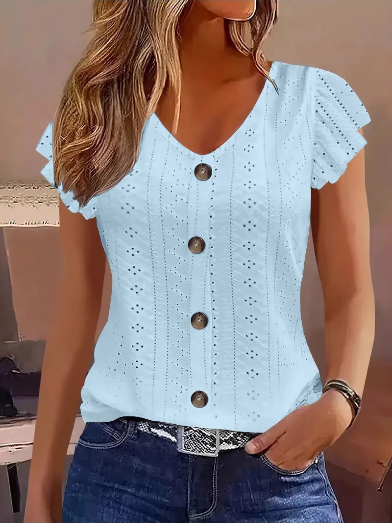 [Elegant Ruffled Top] Elegant Women's V-Neck Ruffled Short Sleeve Top | Eyelet Embroidered Jacquard T-Shirt with Decorative Buttons, Casual Spring & Summer Clothing