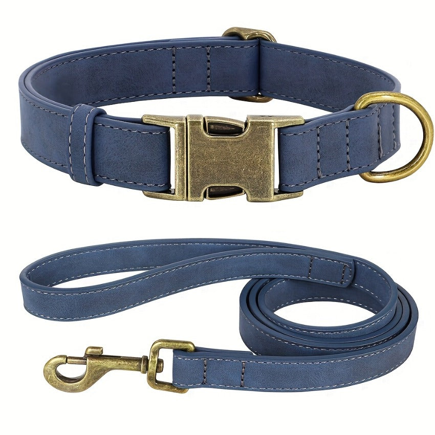 1pc Faux Leather Dog Collar and Leash Set - Adjustable Reflective Padded Pet Collar with Golden-Tone Hardware, Comfortable Soft Cushioned Design for Small/Medium/Large Dogs, Nighttime Safety, Training & Walking, Durable Synth