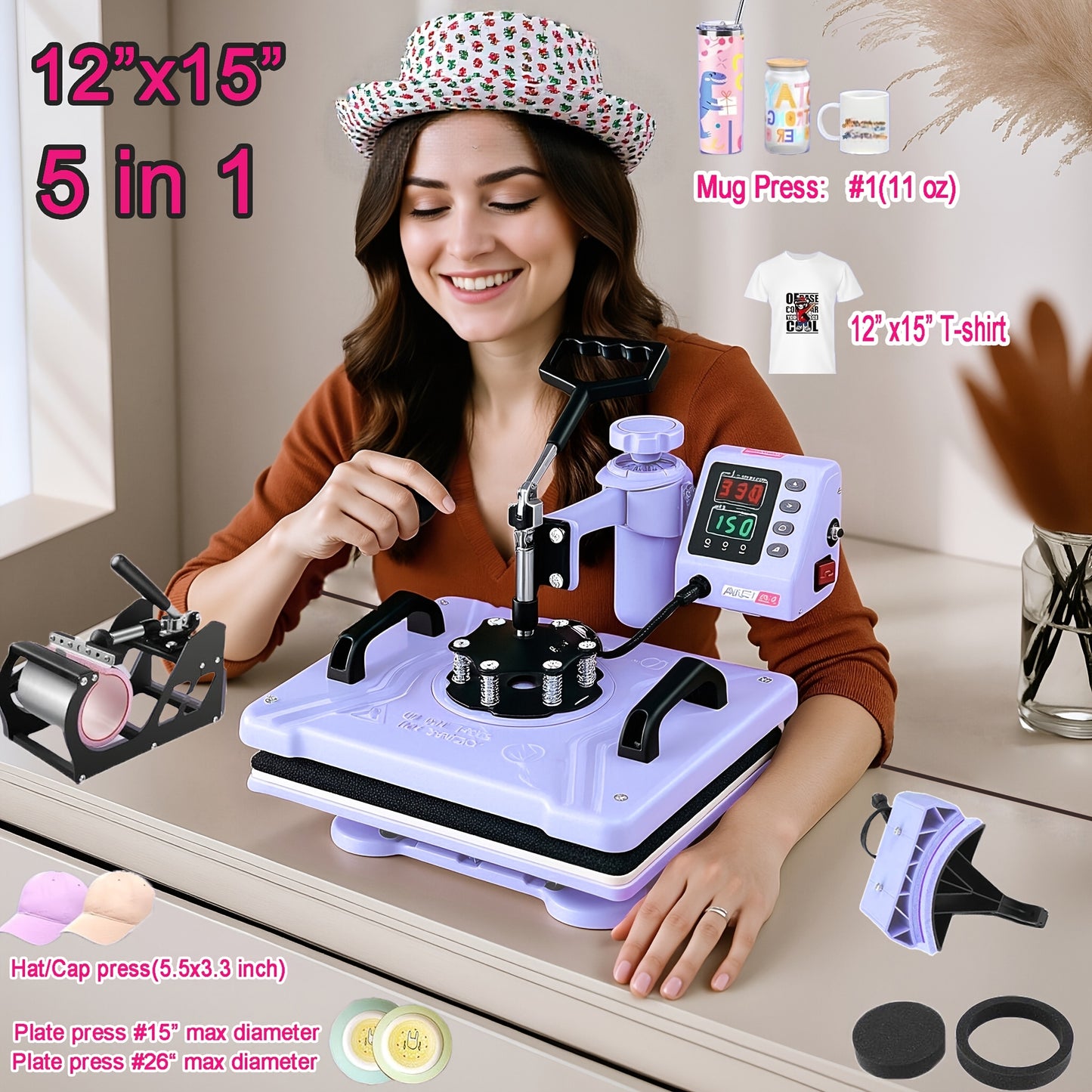 15"x15"/15"x12" 8-in-1/ 5-in-1 Heat Press Machine for T-Shirts, Bags, Pillows, Hats, Caps, Tumblers - 12"x10" T-Shirt Machine Can Only Press T Shirts, Pillows And Bags - HOMDOX Professional Sublimation Combo with Swing Away D