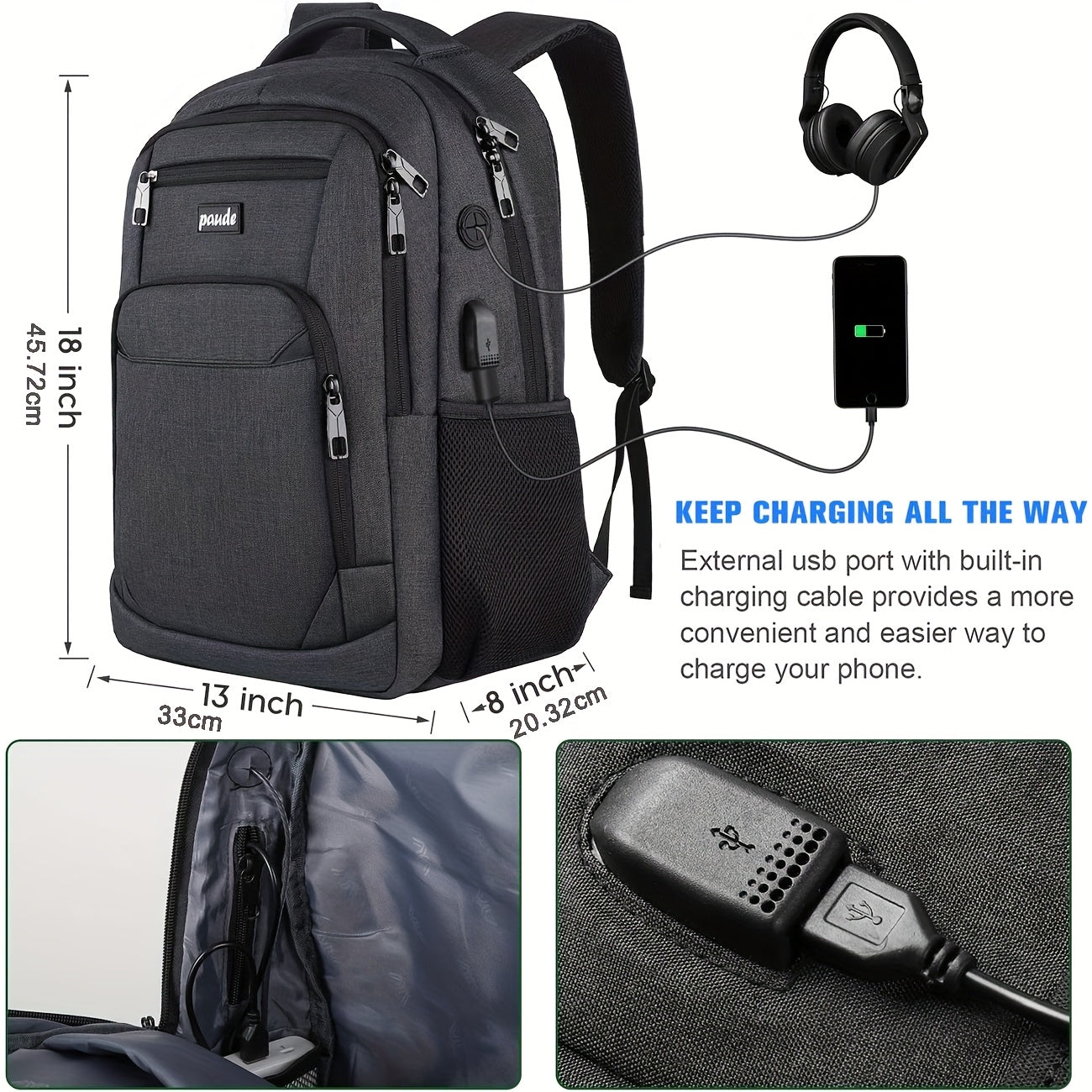 Durable Polyester Laptop Backpack With USB Port TSA-Compliant And Machine Washable