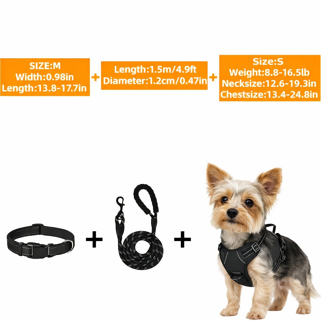 3 In 1 Harness Set, Soft Padded Dog Collar & Durable Adjustable Chest Harness With Heavy-Duty Leash, Reflective Oxford Fabric, Non-Choke, Easy Control Handle & Quick-Release Buckles, Breathable Mesh, For Dogs Of All Sizes(S,