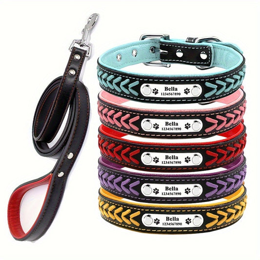 Customizable Dog Collar And Leash Combination - Engraved Name Tag - Reflective Leather Collar for Dogs And Cats of Small, Medium, Or Large Sizes.