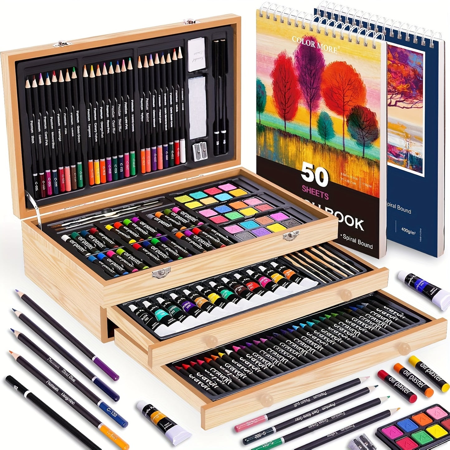 PASAMIC Deluxe Art Set With Drawing Pads Pencils Crayons Paints