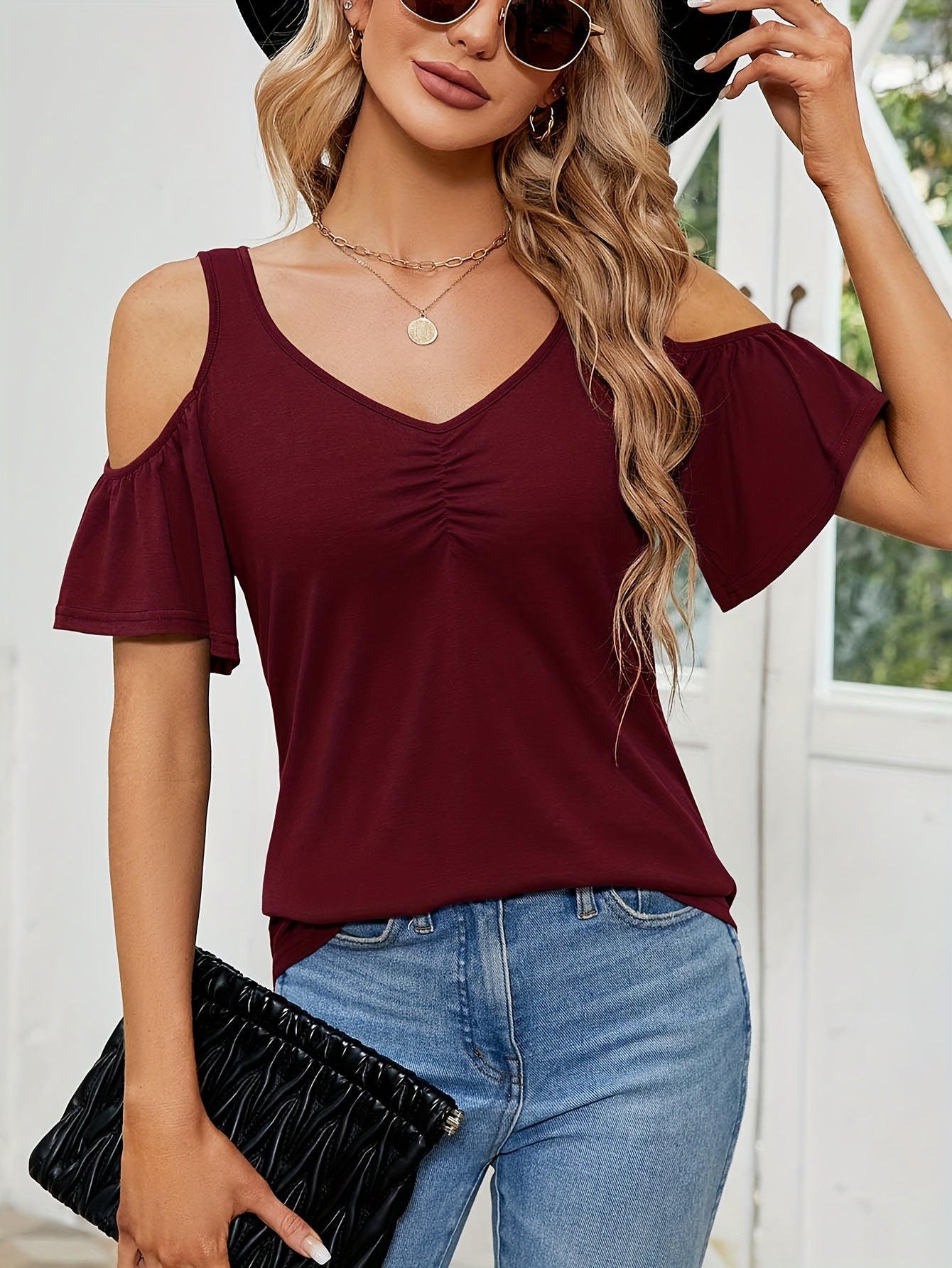 [Casual Cold Shoulder Tops] Casual Cold Shoulder Tops for Women | Short Sleeve V Neck Tunic Shirts