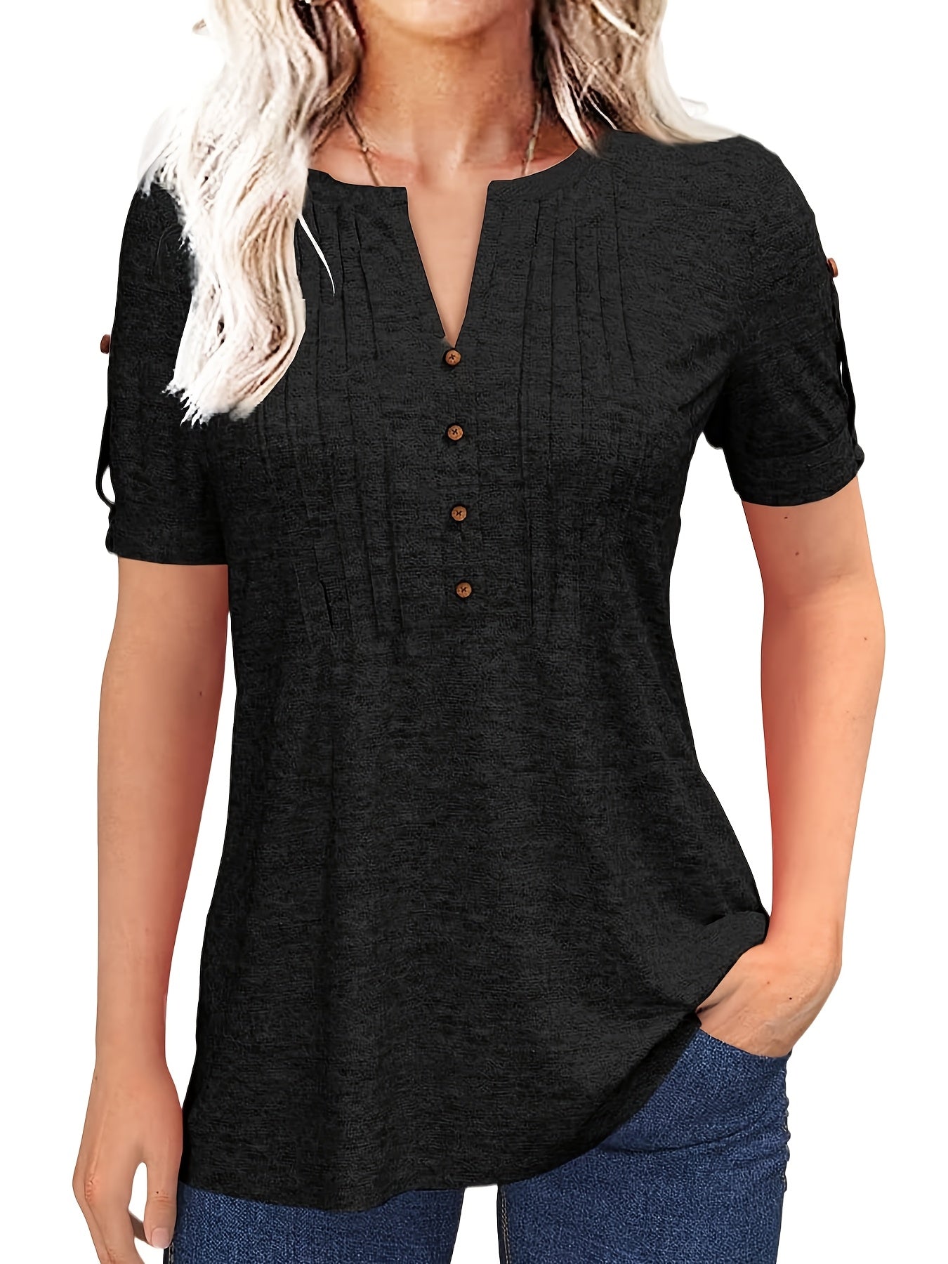 Women'S Zipper Summer Pleated Button Short Sleeve T-Shirt Summer V-Neck Solid Color Casual Top
