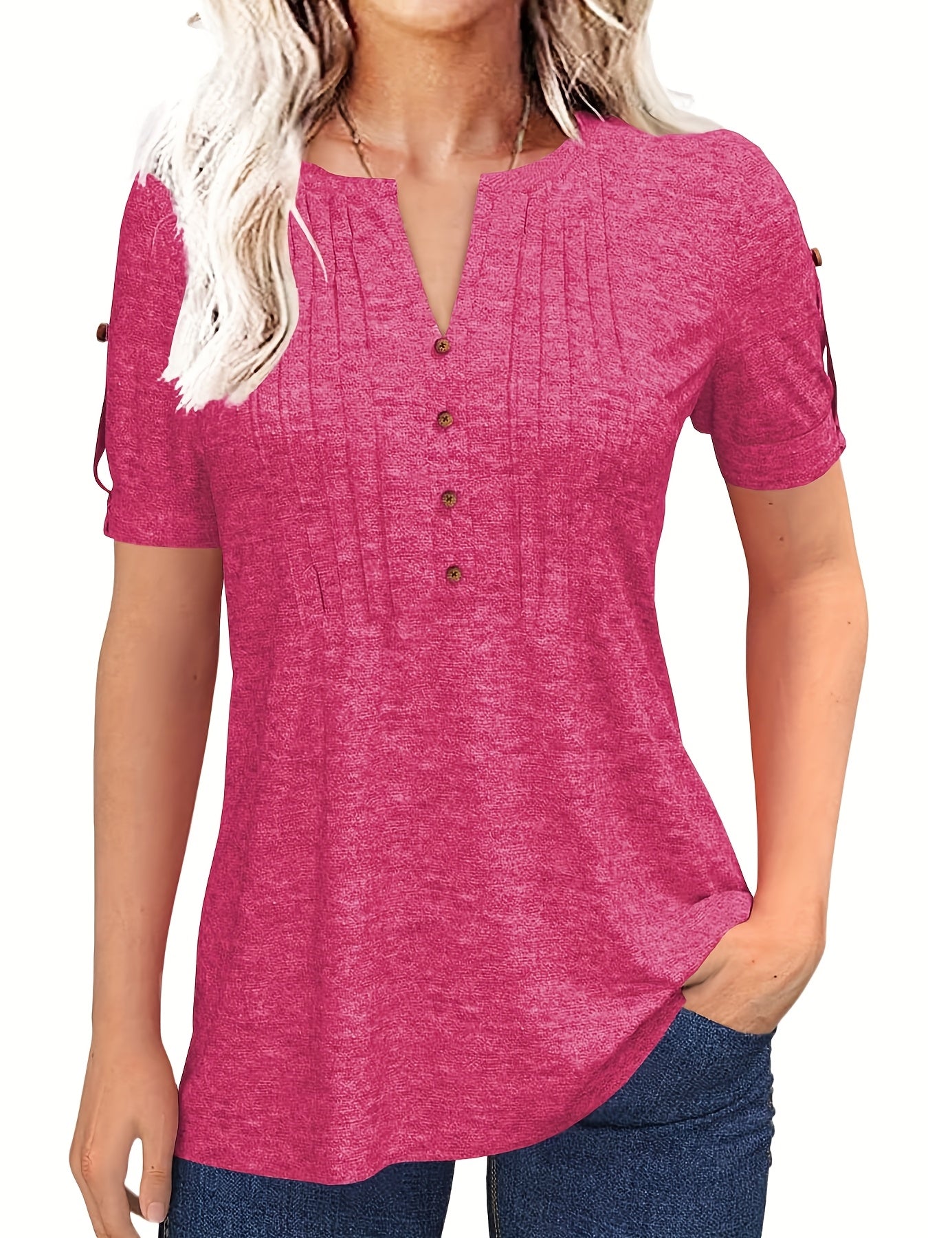Women'S Zipper Summer Pleated Button Short Sleeve T-Shirt Summer V-Neck Solid Color Casual Top