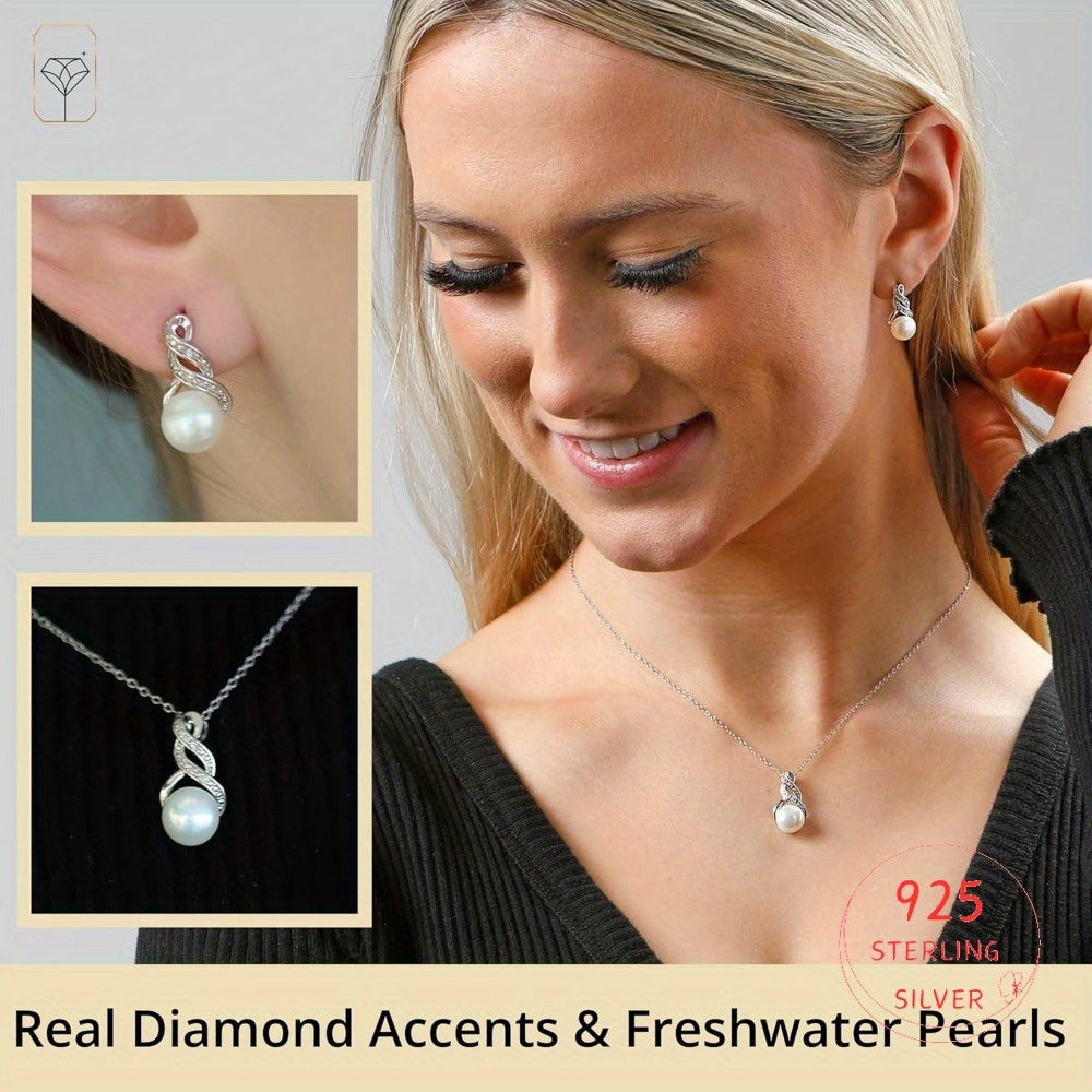 S925 Sterling Silvery Necklace and Earrings Set | Set with Synthetic Zirconia and Non-Allergenic Genuine Freshwater Pearl Jewelry, Equipped with a 18-Inch Silvery Chain | Women'S Bridal Groomsmen Set