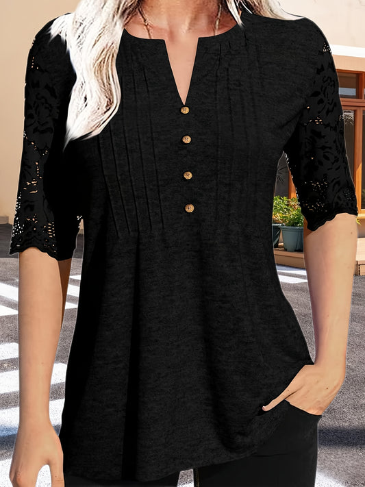 Women's Slim Fit V-Neck Short Sleeve T-Shirt - Button Front Placket & 7/8 Length Short Top, Solid Color Elegant Blouse for Spring/Summer, Casual or Dressy Wear