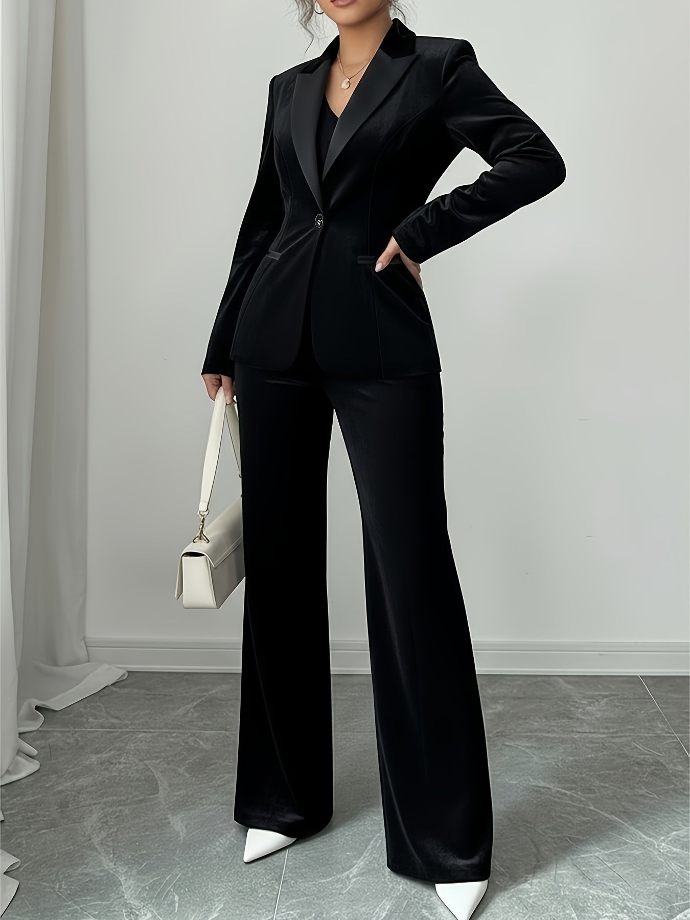 2pcs Women's Vintage Bell-Bottom Suit: Black Satin Lapel Blazer & Bell-Bottom Pants - Hand Washable Formal Party Wedding Attire, Luxury Party Outfit for Fall/Winter (No Dry Clean)