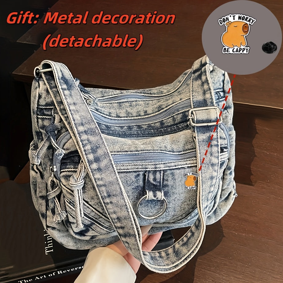 2pcs Set: Bag + Metal Pendant, Women'S Fashion Retro Casual Handbag, Unique Edge Motorcycle Bag, City Style Worn City Bag, Suitable for Work, Commuting, Dating, Parties, Spacious Multi-Pocket Shoulder Crossbody Bag