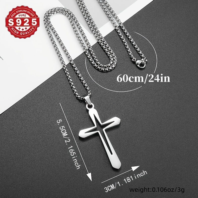 925 Silver Women's Cross Pendant Necklace - Modern Christian Religious Jewelry, Anti Allergic and Water-resistant, Elegant Gift Box Packaging, Suitable for Casual Wear and Hip-hop Style, Polished Jewelry