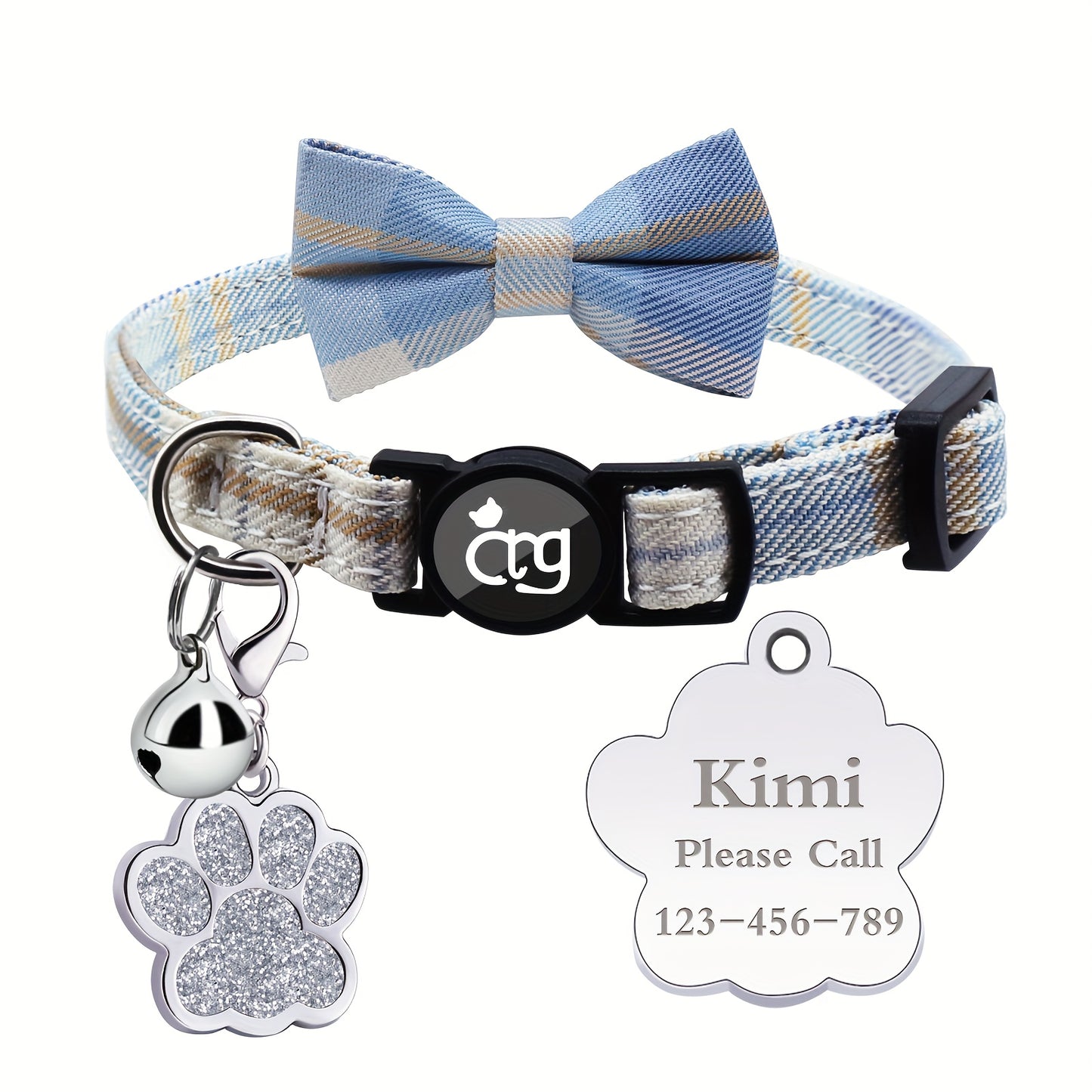 [Personalized Pet Collar] Personalized Metal Paw Tag Pet Collar | Custom Safe Buckle, Bow Tie, Nylon Material, Jazz Plaid Pattern, Bell - Ideal For Cats And Small Dogs, No Battery