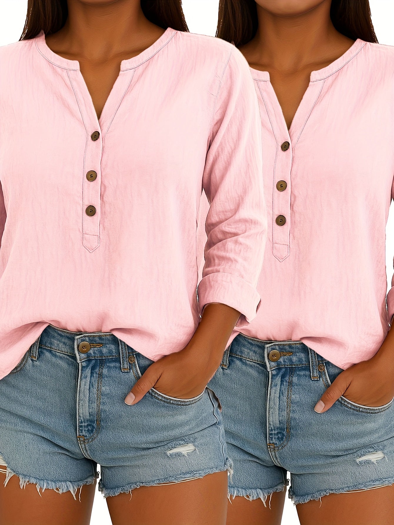 2/3pcs Ladies Elegant Linen Blend Short Sleeve V-Neck Shirt Four Seasons Can Wear