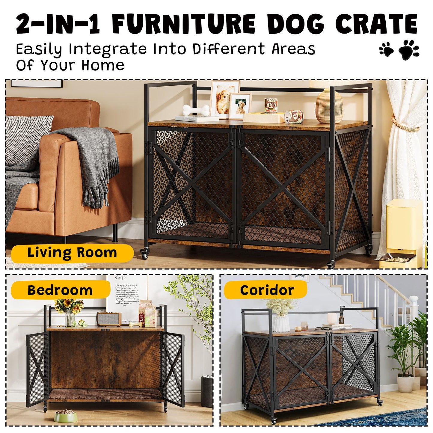 41" Heavy Duty Decorative Dog Cage | Lockable 360° Wheels, Double Door, Rustic Brown, Iron Material, Suitable for Small, Medium, Large Dogs