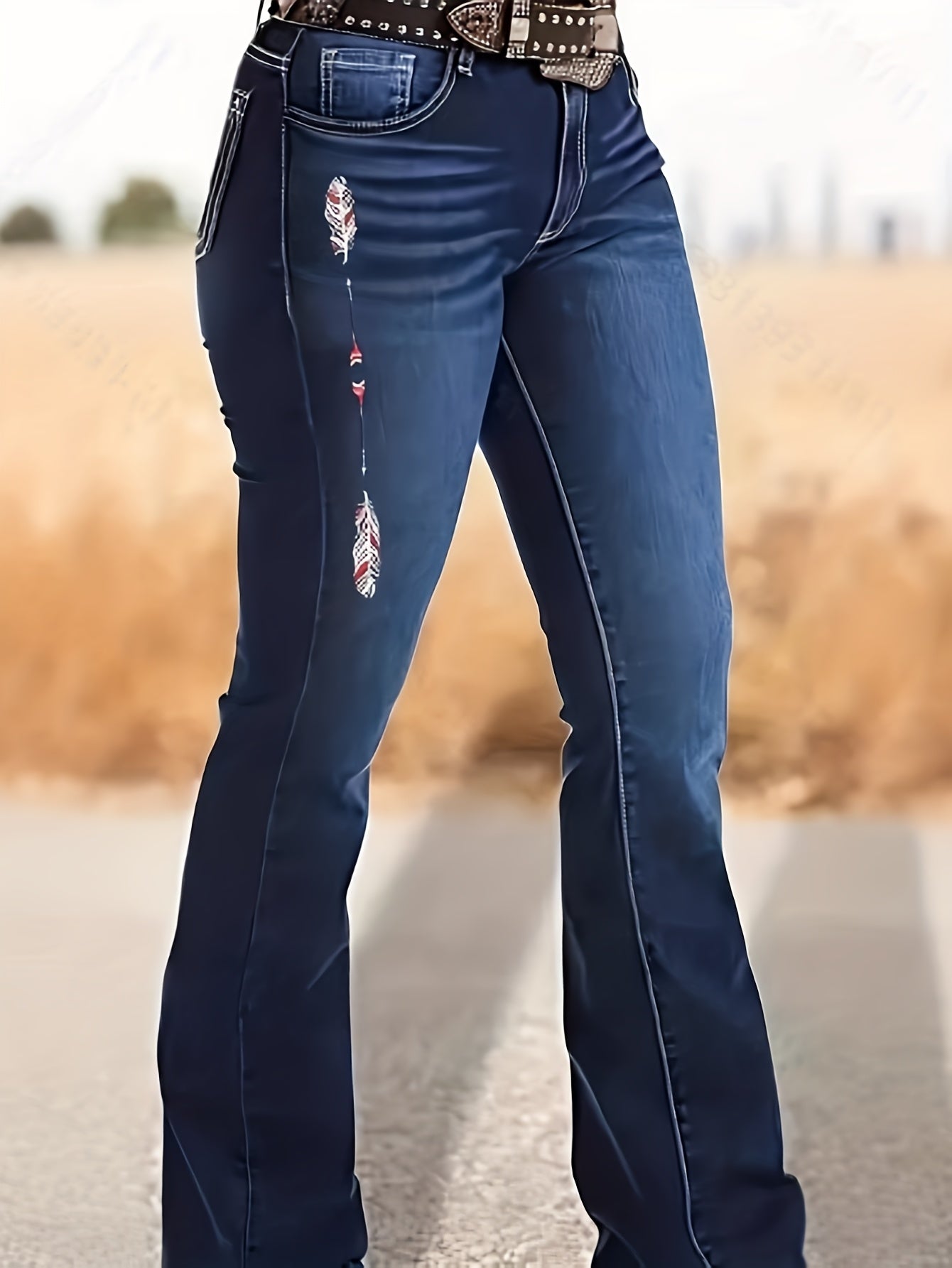 Women's Vintage -Embroidered Stretch Bell-Bottom Jeans - Slim-Fit Bootcut Dark Wash Denim Pants, Elegant Retro Style for all-Season Wear, Casual & Dressy Outfits