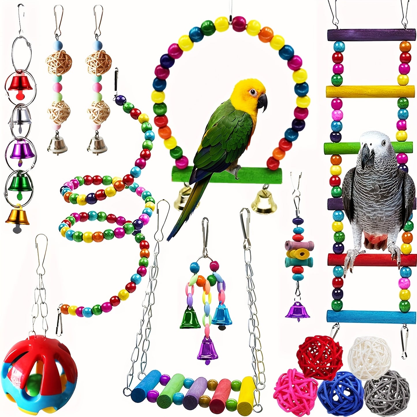 15pcs Wood Bird Parrot Swing & Climbing Gym Set with Hanging Bells, Hammock, Ladders - Chewable Cage for Small to Large Birds (Parakeets, Cockatiels, Conures, Macaws, Love Birds) - Wood for beak Health &