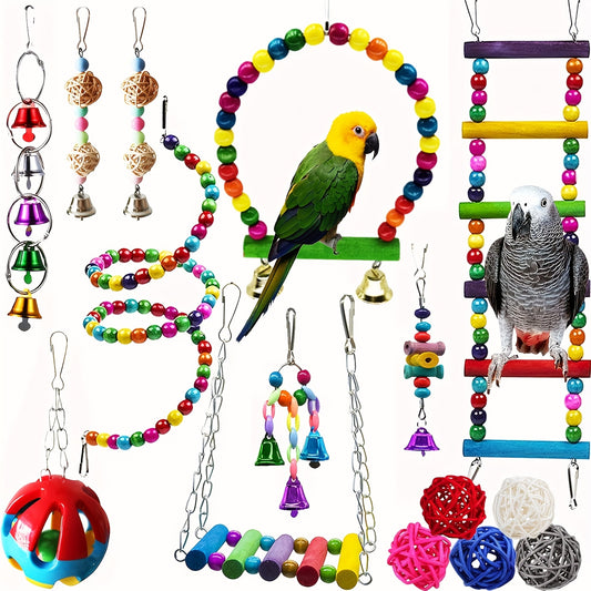 15pcs Wood Bird Parrot Swing & Climbing Gym Set with Hanging Bells, Hammock, Ladders - Chewable Cage for Small to Large Birds (Parakeets, Cockatiels, Conures, Macaws, Love Birds) - Wood for beak Health &