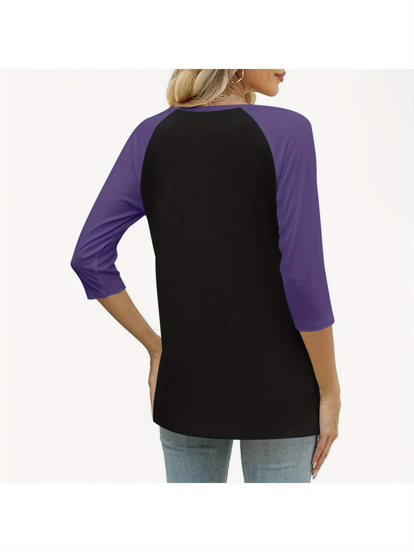 Womens Basic Casual Shirts Fashion Clothes Tops Button V-neck Three Quarter Sleeve 3/4 Sleeve Raglan T-shirt Loose Top